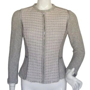 REBECCA TAYLOR Jacket, 6, Bulky Tweed Knit, Color Panels, Crochet seams, Gray